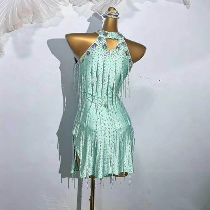 Custom Mint Green Rhinestone Halter Latin Dance Dress