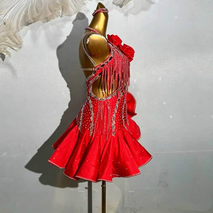 Custom Red Asymmetrical Ruffle Latin Dance Dress