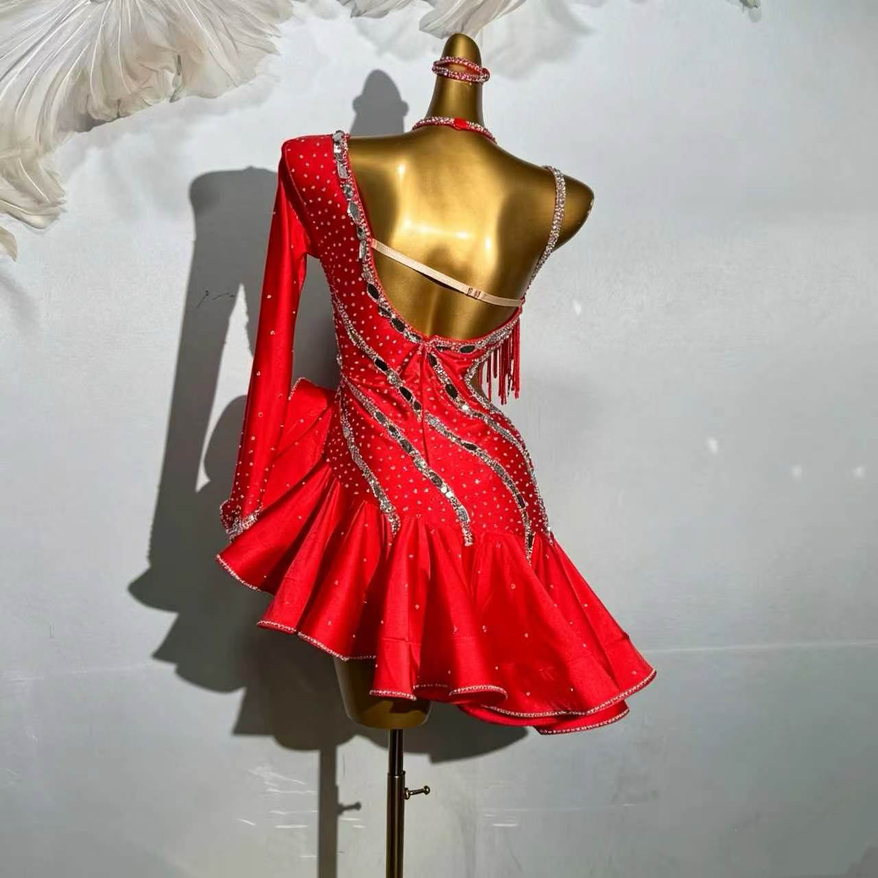 Custom Red Asymmetrical Ruffle Latin Dance Dress