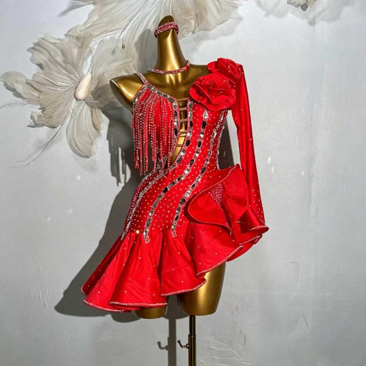 Custom Red Asymmetrical Ruffle Latin Dance Dress
