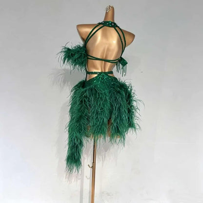 Custom Green Feather Halter Latin Dance Dress with Rhinestones