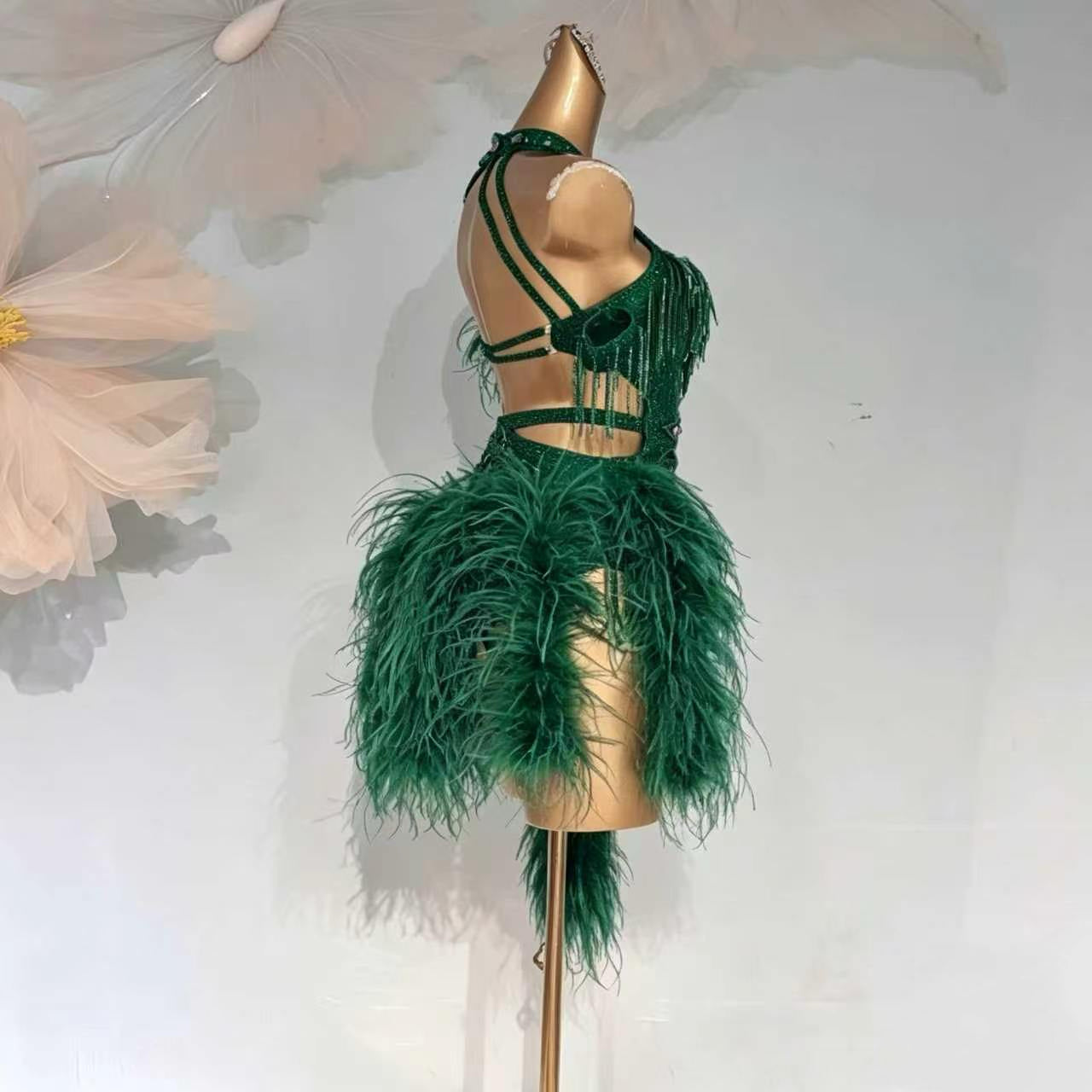 Custom Green Feather Halter Latin Dance Dress with Rhinestones