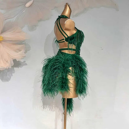 Custom Green Feather Halter Latin Dance Dress with Rhinestones