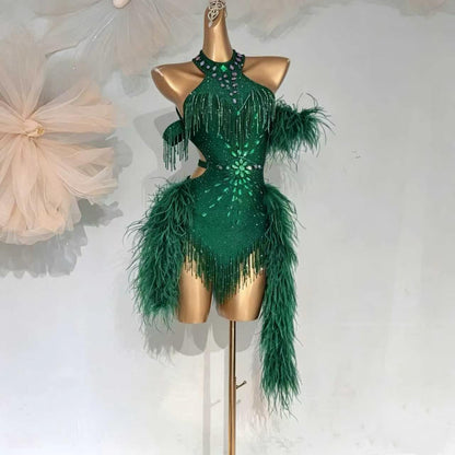Custom Green Feather Halter Latin Dance Dress with Rhinestones