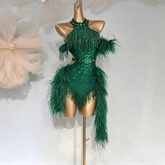 Custom Green Feather Halter Latin Dance Dress with Rhinestones