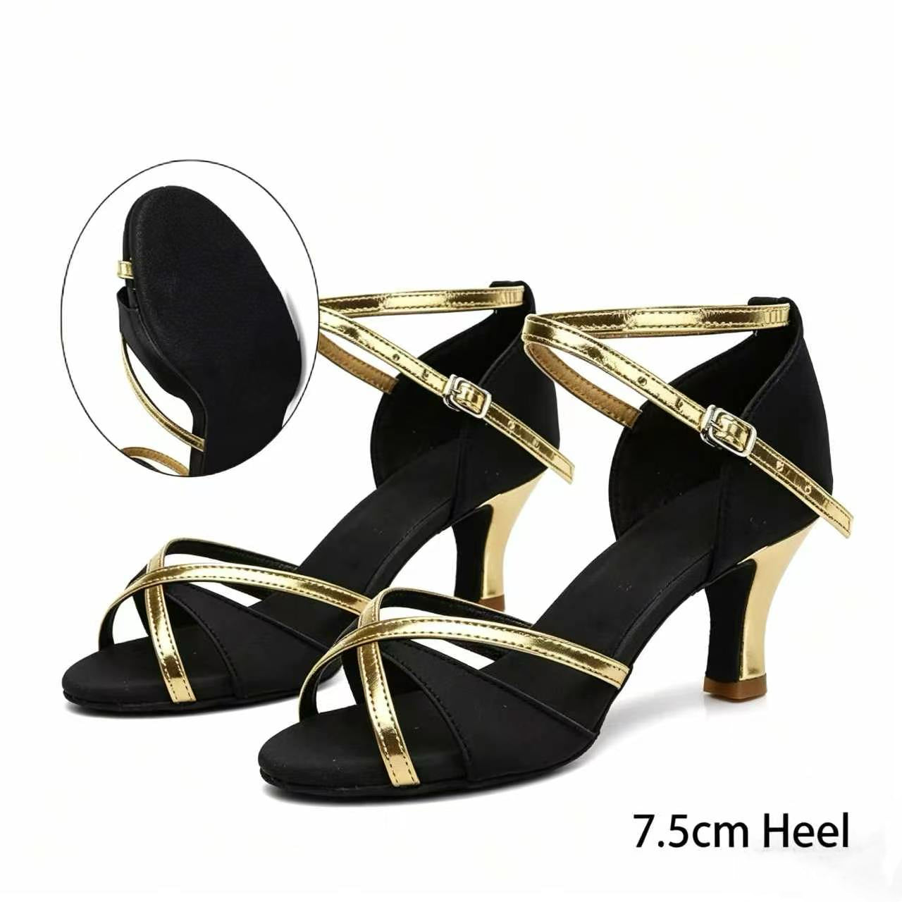 Elegant Black Satin Gold Trim Latin Dance Heels