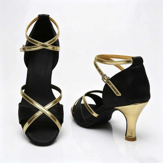 Elegant Black Satin Gold Trim Latin Dance Heels
