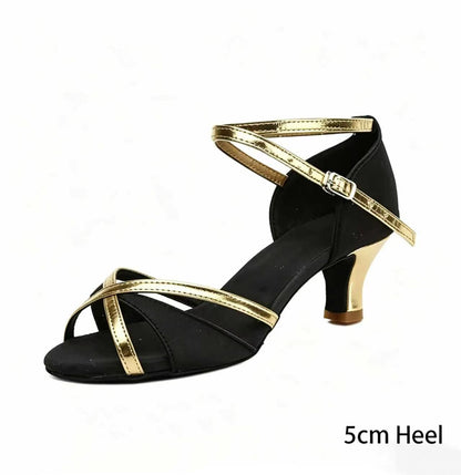 Elegant Black Satin Gold Trim Latin Dance Heels