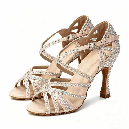 Nude Full Rhinestone Block Heel Latin Dance Shoes