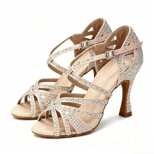 Nude Full Rhinestone Block Heel Latin Dance Shoes