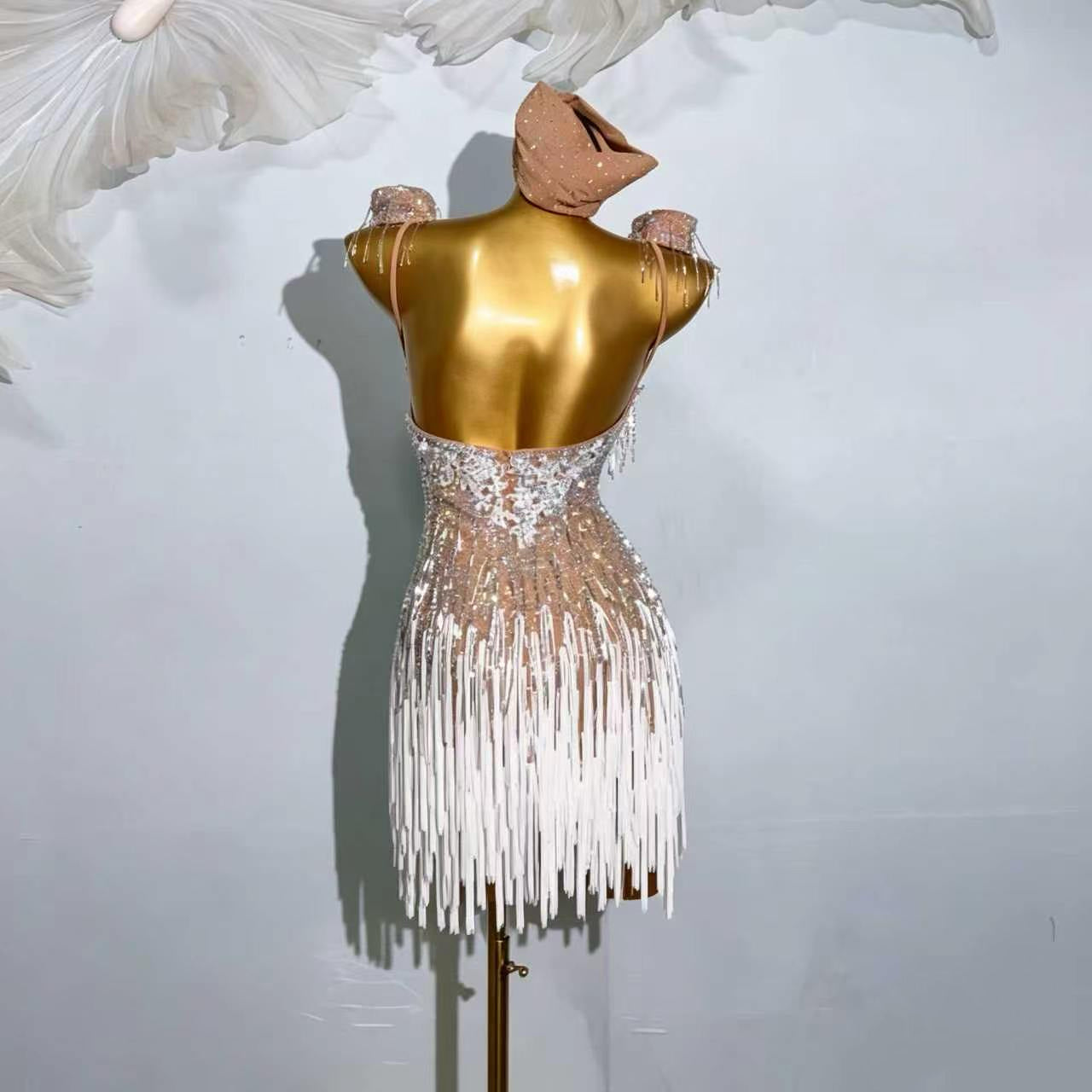 Custom Nude Ombre Crystal Fringe Latin Dance Dress