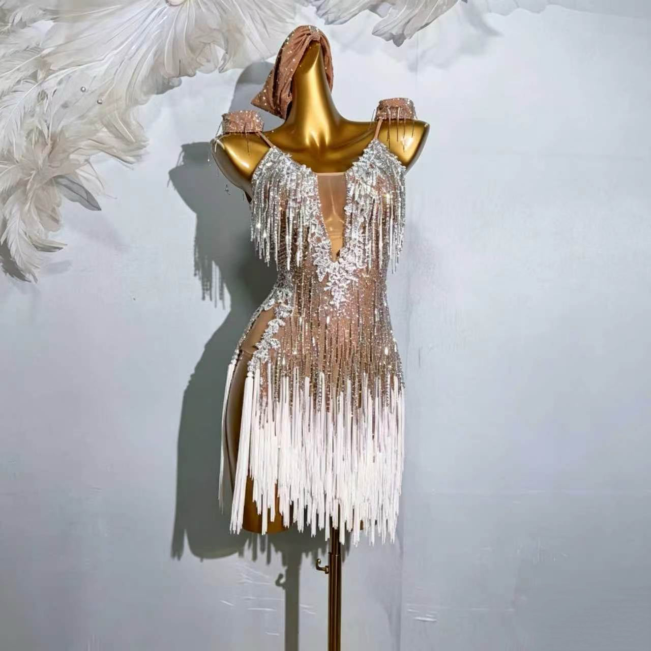 Custom Nude Ombre Crystal Fringe Latin Dance Dress