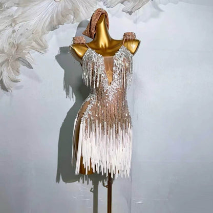 Custom Nude Ombre Crystal Fringe Latin Dance Dress