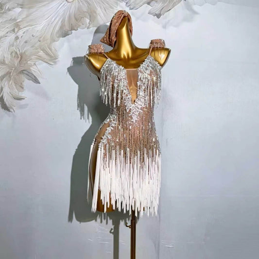 Custom Nude Ombre Crystal Fringe Latin Dance Dress