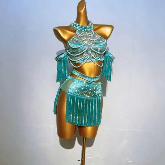 Custom Teal Pearl-Embellished Crystal Fringe Latin Dance Dress