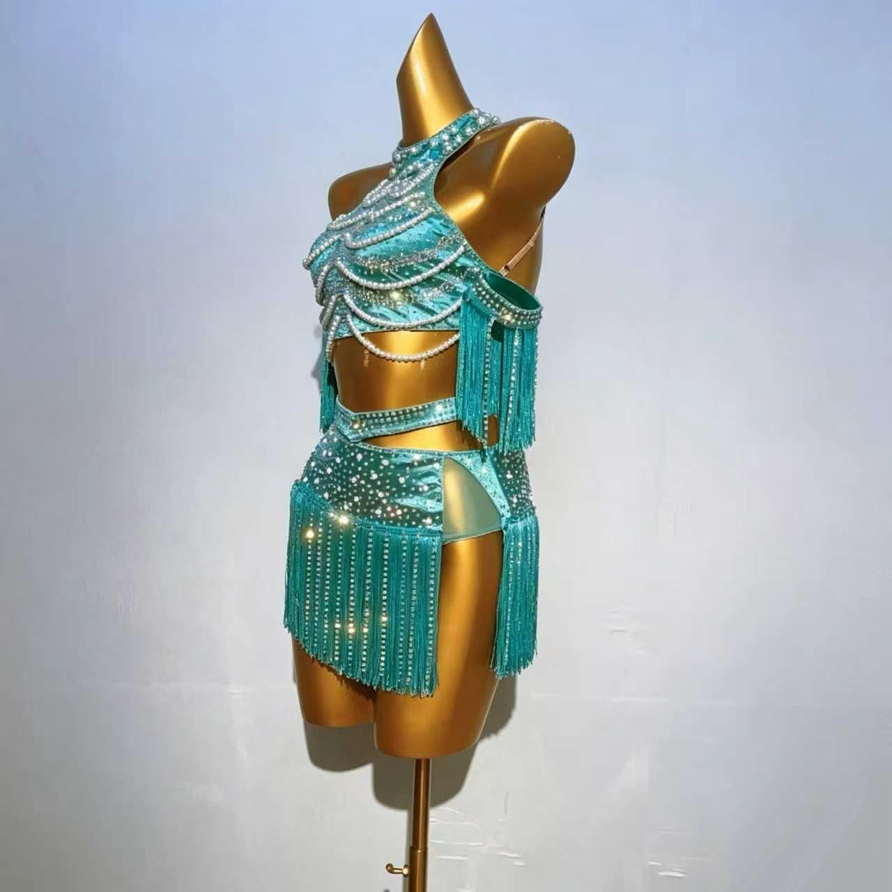 Custom Teal Pearl-Embellished Crystal Fringe Latin Dance Dress