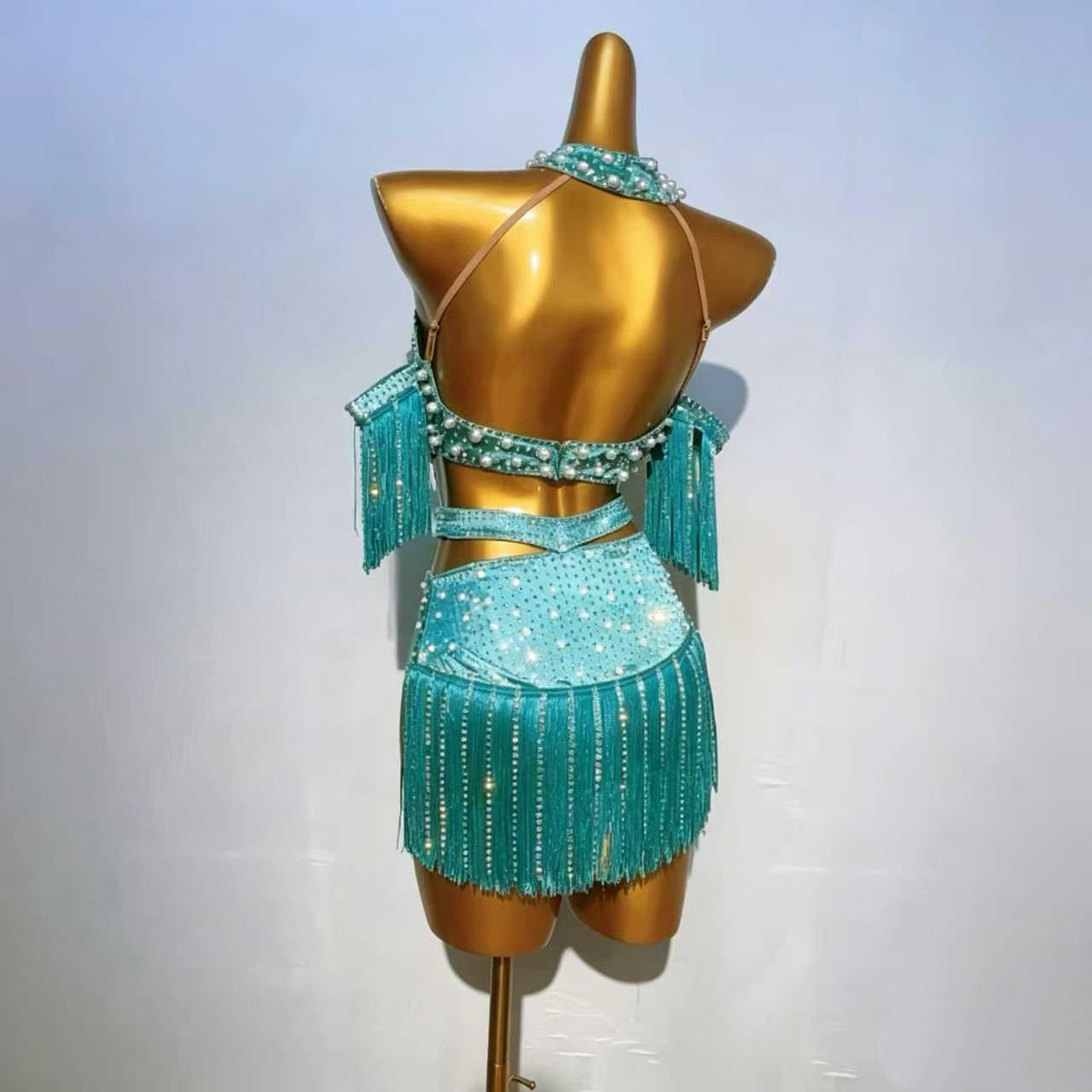 Custom Teal Pearl-Embellished Crystal Fringe Latin Dance Dress