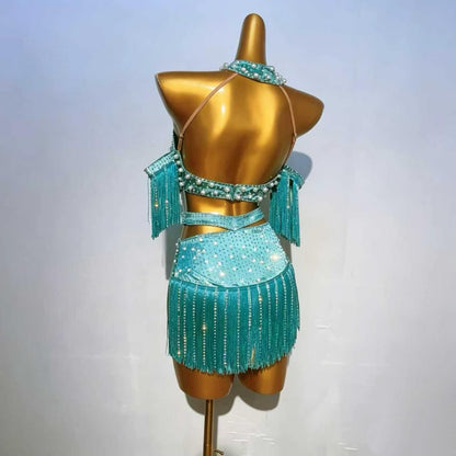 Custom Teal Pearl-Embellished Crystal Fringe Latin Dance Dress