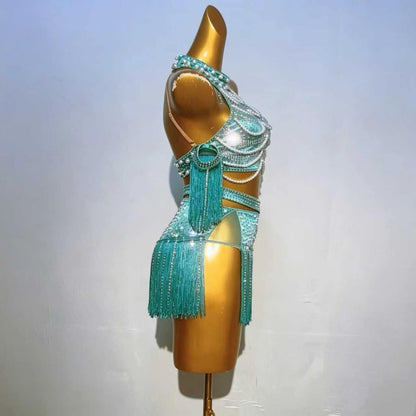 Custom Teal Pearl-Embellished Crystal Fringe Latin Dance Dress