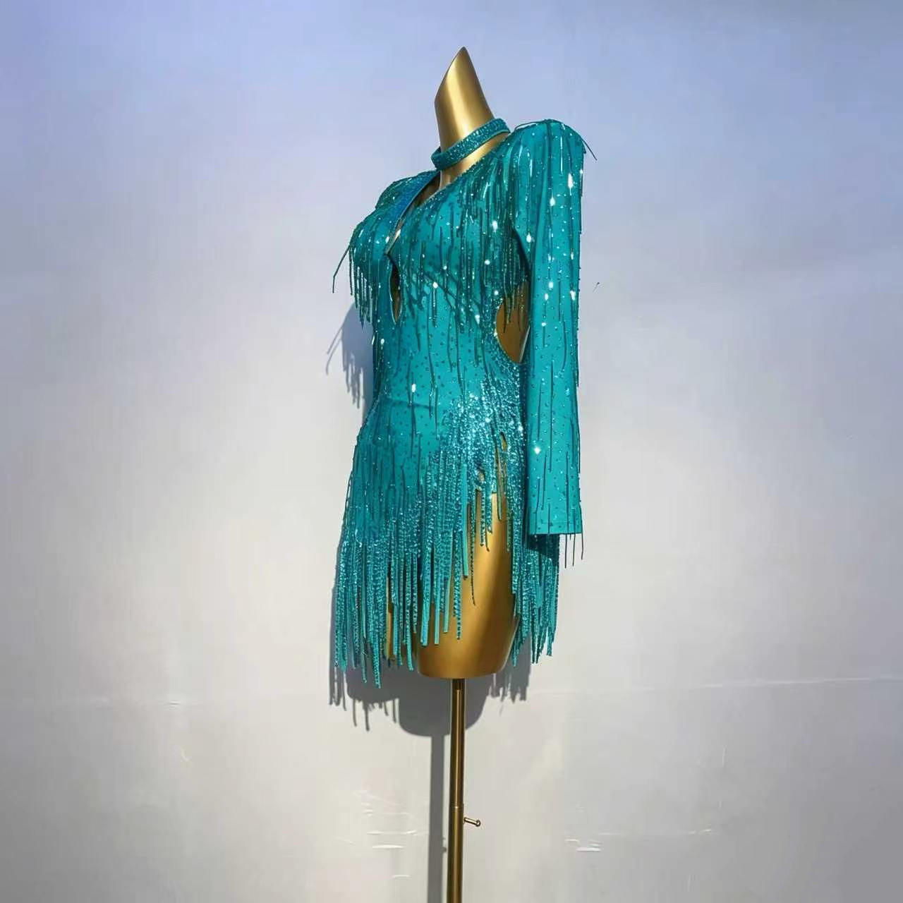 Custom Turquoise Fringe Latin Competition Dress