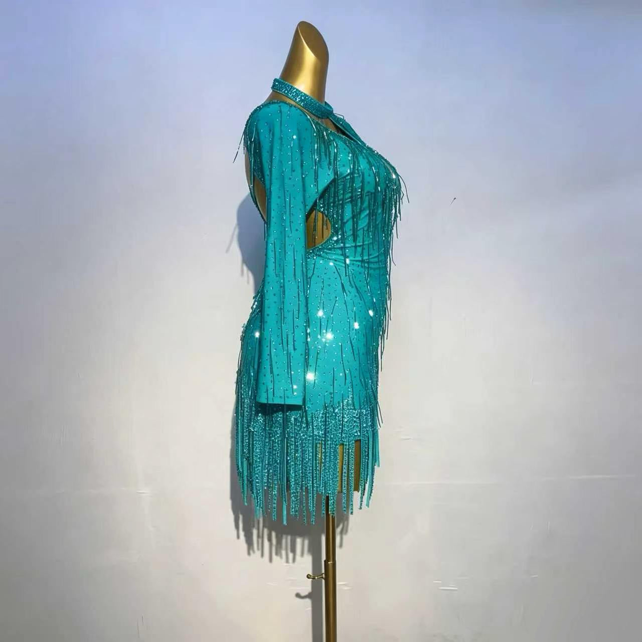 Custom Turquoise Fringe Latin Competition Dress