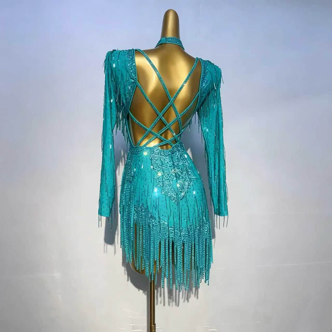 Custom Turquoise Fringe Latin Competition Dress