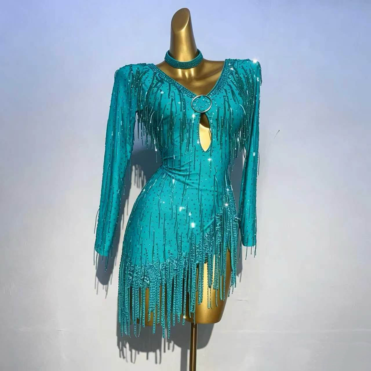 Custom Turquoise Fringe Latin Competition Dress