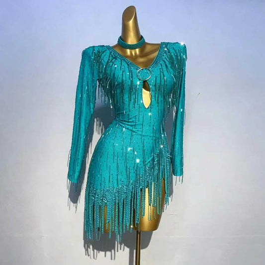Custom Turquoise Fringe Latin Competition Dress