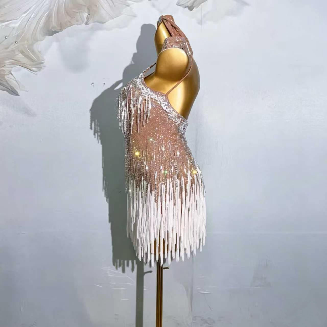 Custom Nude Ombre Crystal Fringe Latin Dance Dress