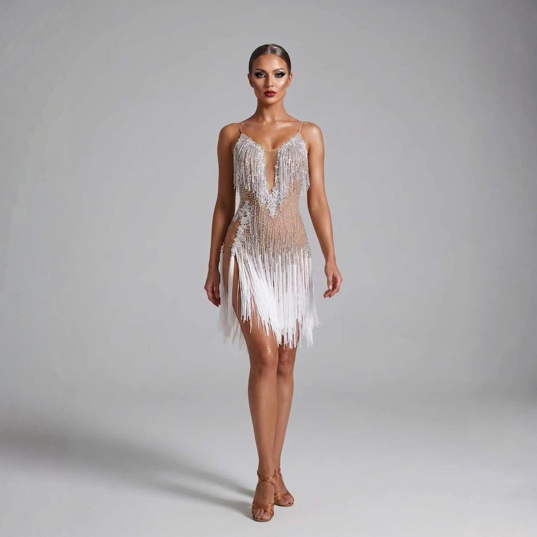 Custom Nude Ombre Crystal Fringe Latin Dance Dress