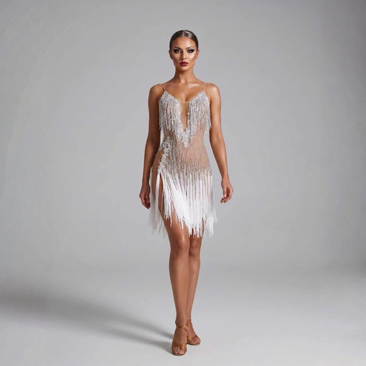 Custom Nude Ombre Crystal Fringe Latin Dance Dress