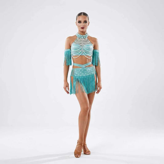 Custom Teal Pearl-Embellished Crystal Fringe Latin Dance Dress