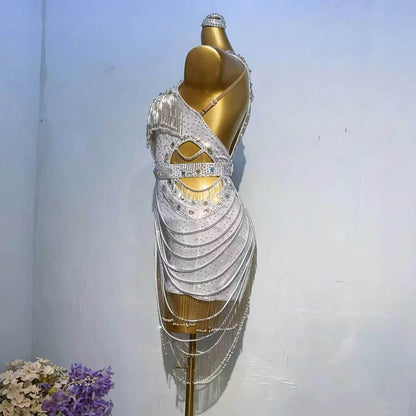 Custom Silver Sparkle Fringe Latin Competition Dress