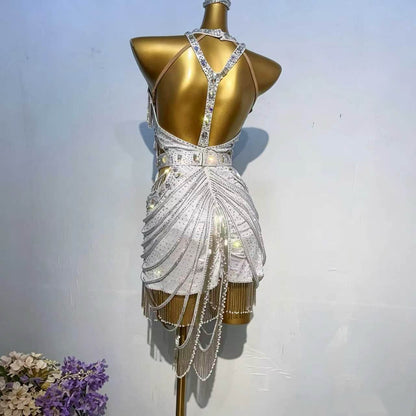 Custom Silver Sparkle Fringe Latin Competition Dress