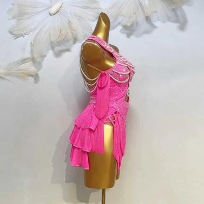 Custom Magenta Pearl Crystal Fringe Latin Competition Dress