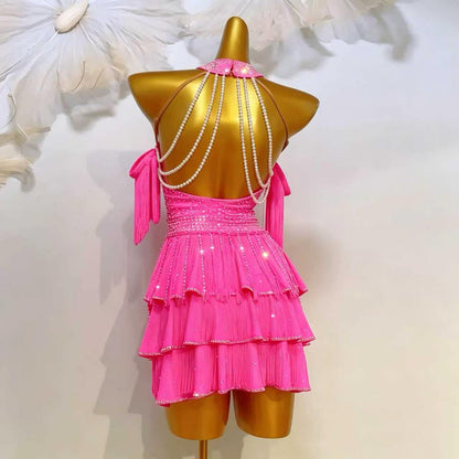 Custom Magenta Pearl Crystal Fringe Latin Competition Dress