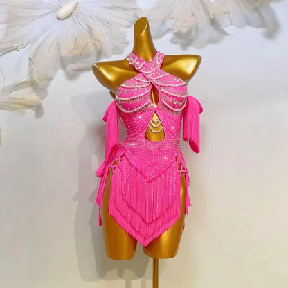 Custom Magenta Pearl Crystal Fringe Latin Competition Dress