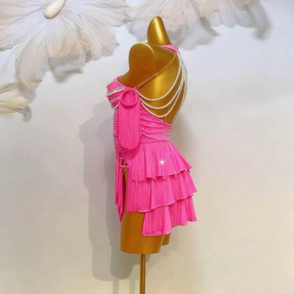 Custom Magenta Pearl Crystal Fringe Latin Competition Dress