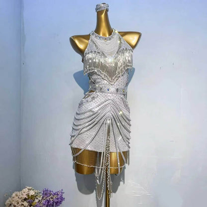 Custom Silver Sparkle Fringe Latin Competition Dress