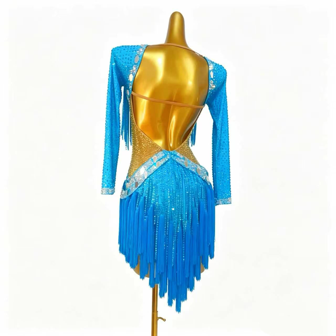 Custom Blue Long Sleeve Fringe Latin Competition Dress