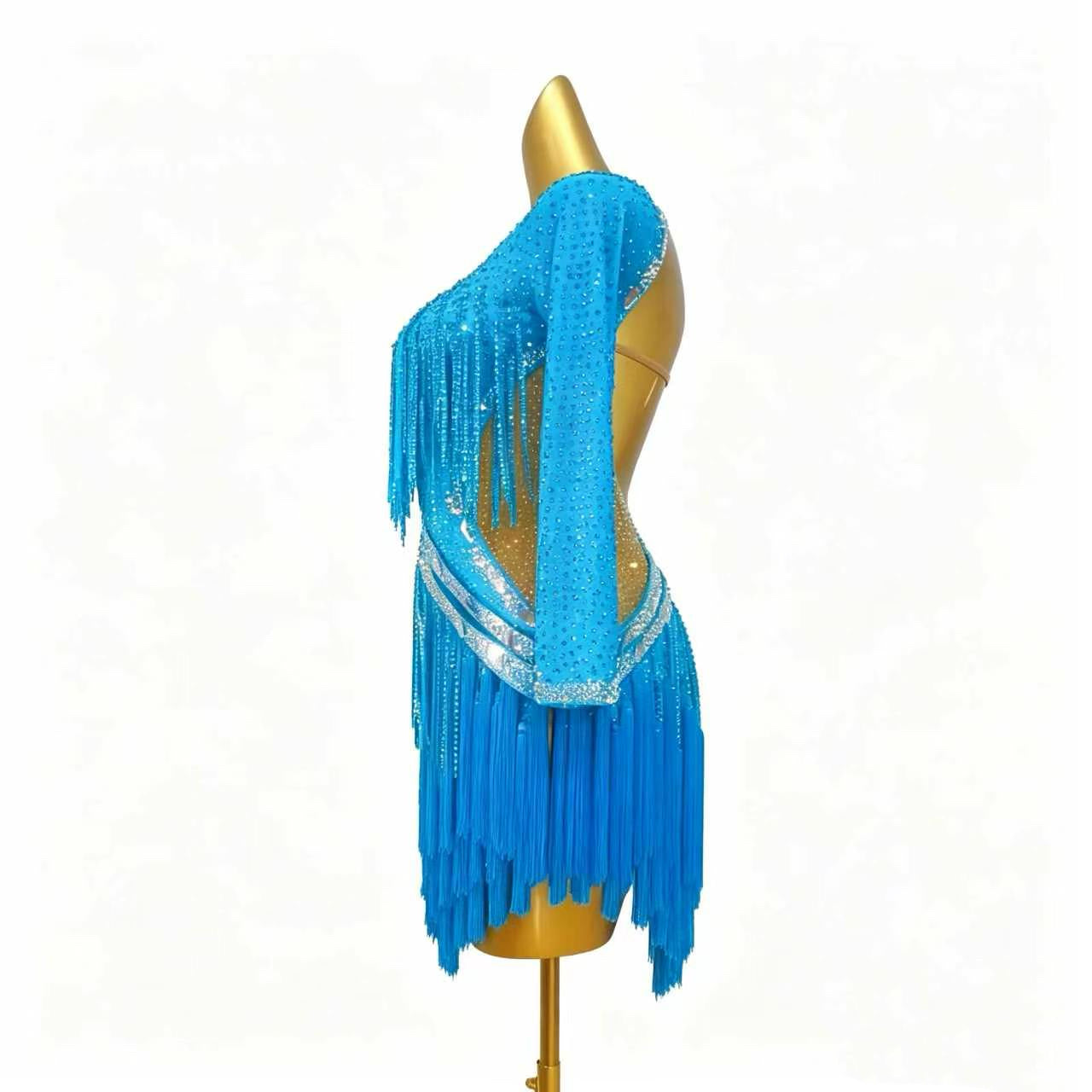 Custom Blue Long Sleeve Fringe Latin Competition Dress