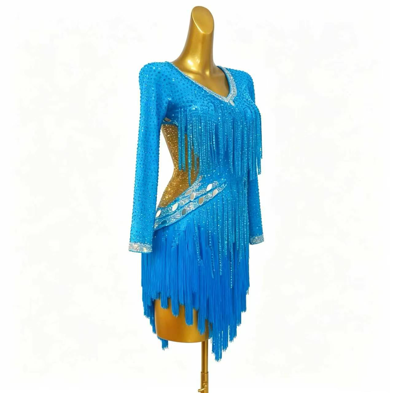 Custom Blue Long Sleeve Fringe Latin Competition Dress