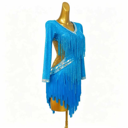 Custom Blue Long Sleeve Fringe Latin Competition Dress