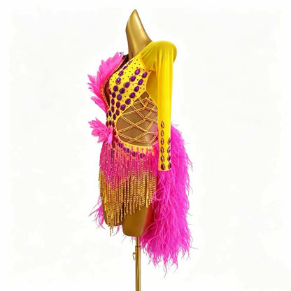 Custom Long Sleeve Feather Fringe Latin Competition Dress