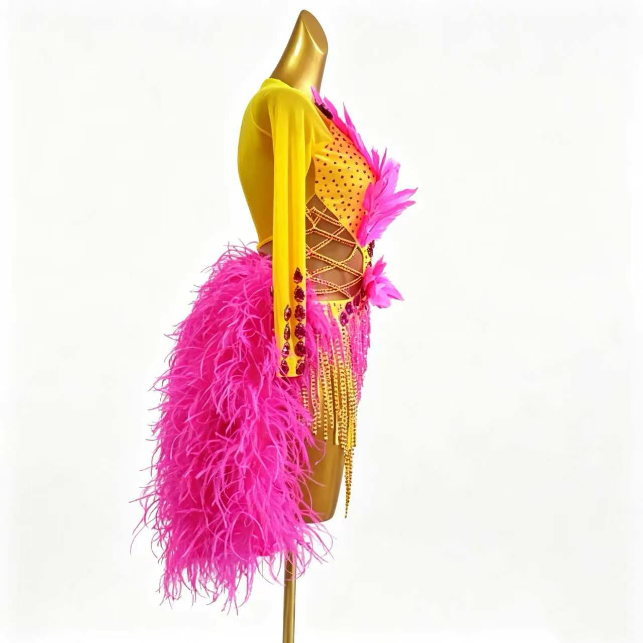 Custom Long Sleeve Feather Fringe Latin Competition Dress
