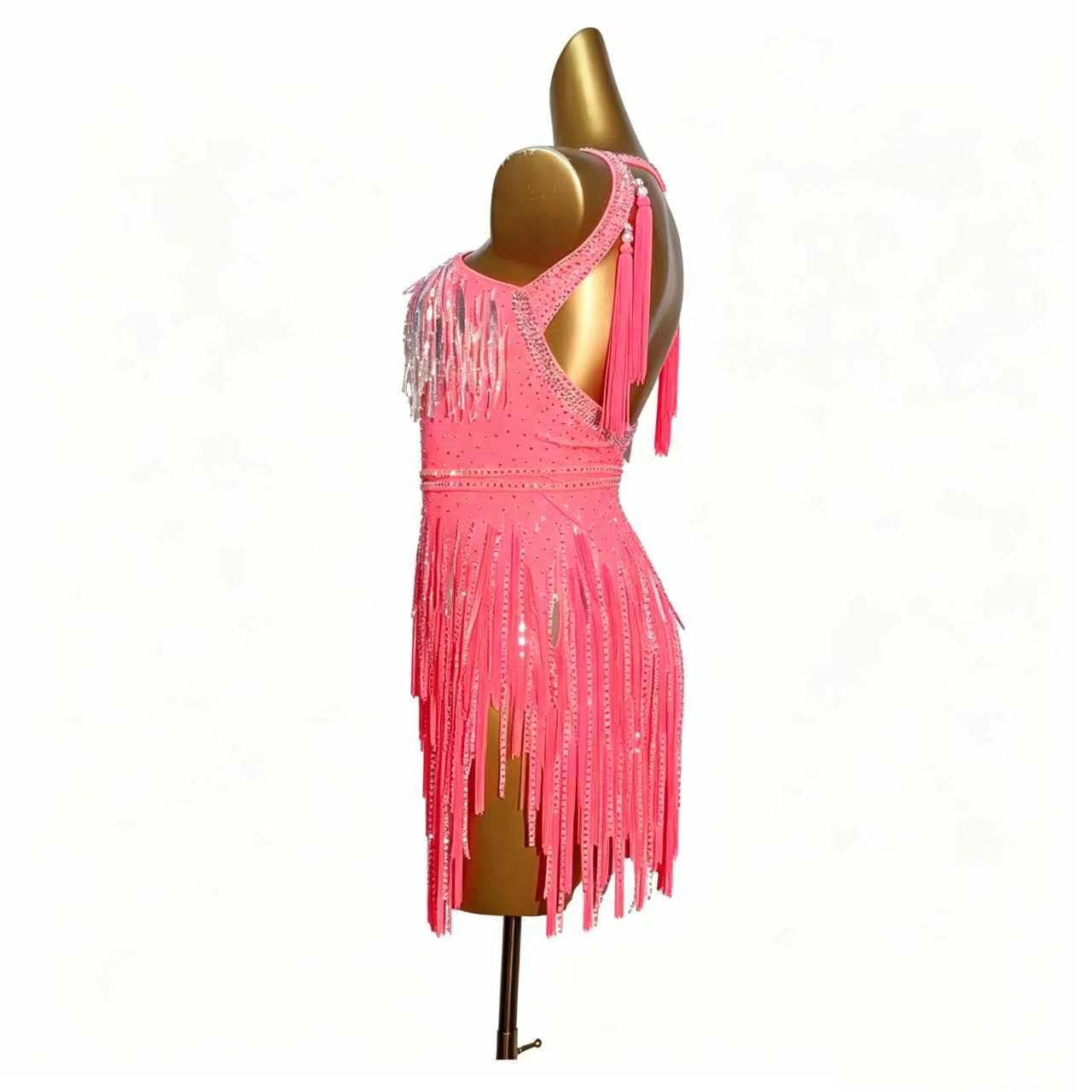 Custom Halter Cutout Sparkle Fringe Latin Competition Dress