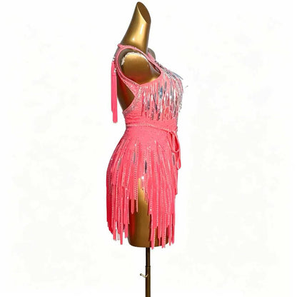 Custom Halter Cutout Sparkle Fringe Latin Competition Dress