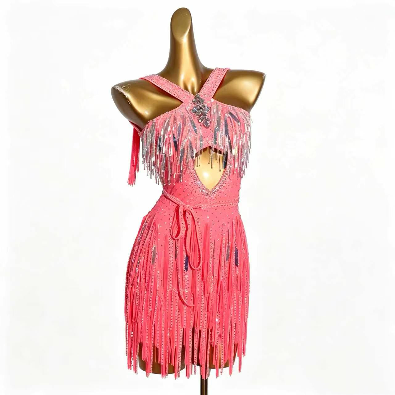 Custom Halter Cutout Sparkle Fringe Latin Competition Dress