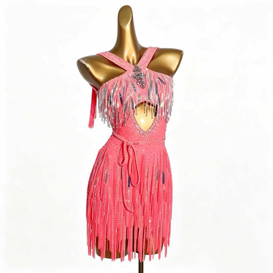 Custom Halter Cutout Sparkle Fringe Latin Competition Dress