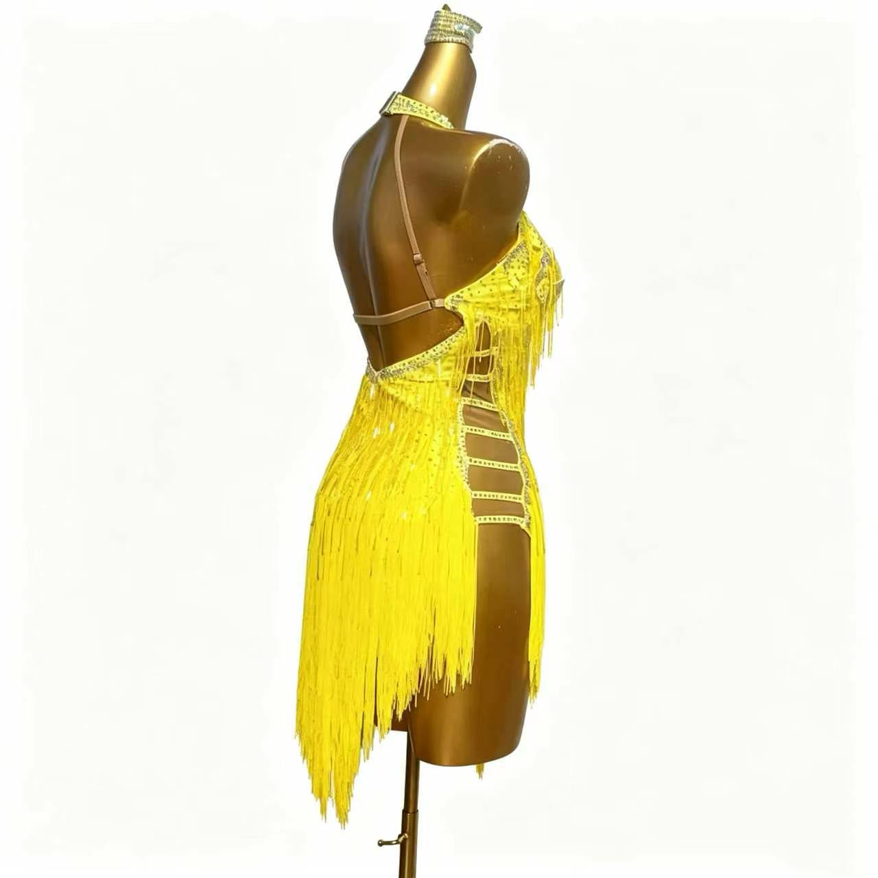 Custom Yellow Halter Fringe Latin Competition Dress